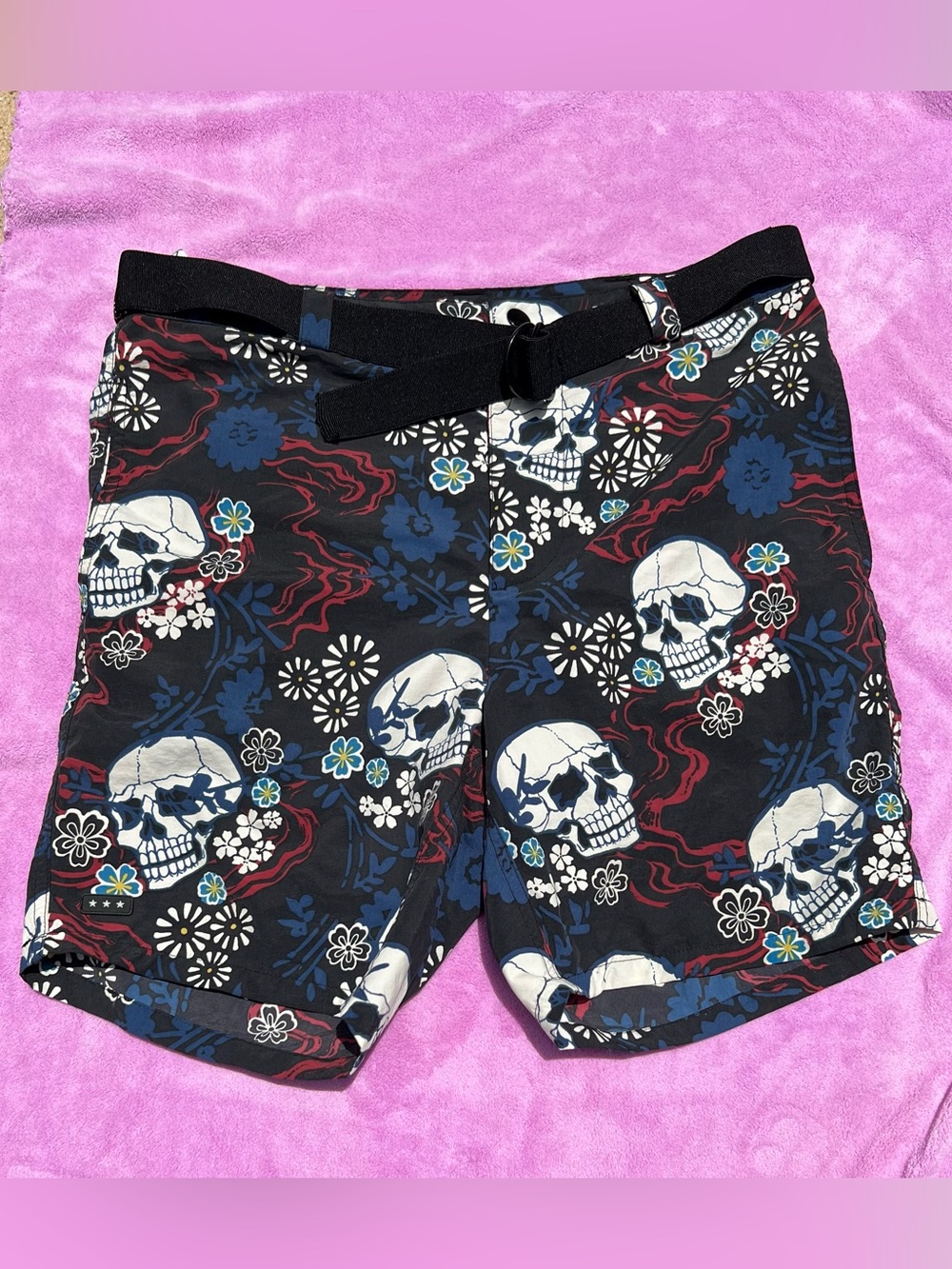 John Varvatos Black Skull Print Athletic Shorts with Blue & Red Accentso